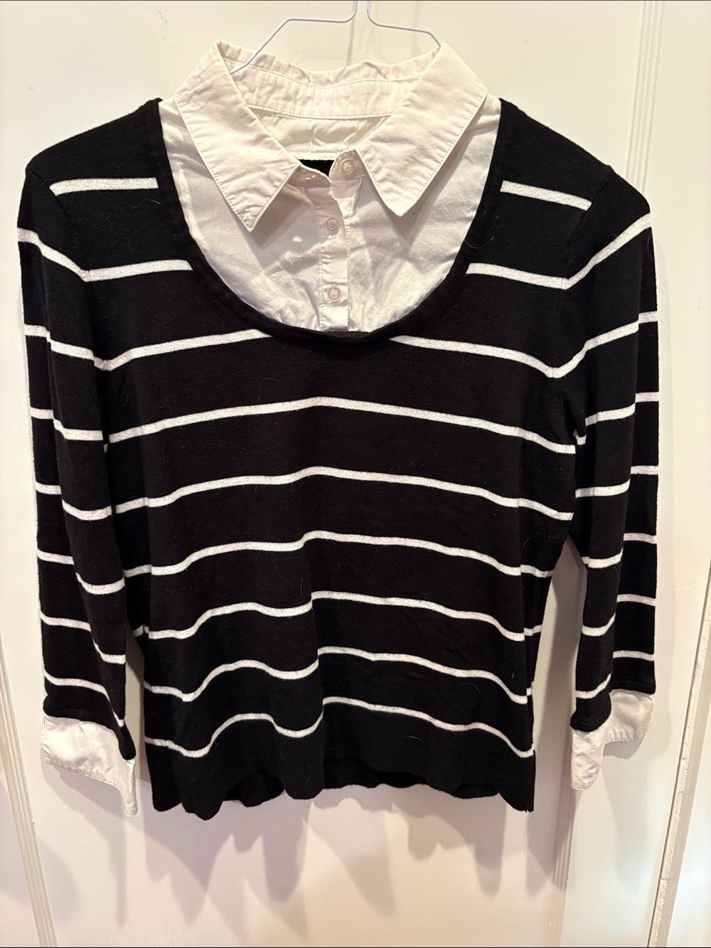 Style & Co. Black & White Striped V-Neck Sweater with Attached Shirt BN105